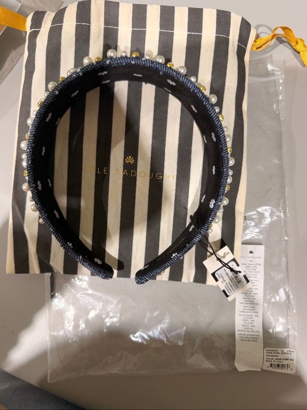 Lele Sadoughi Denim Dobby 1” Cher Faux Pearl Cotton Sprinkle Headband OS - Picture 5 of 5